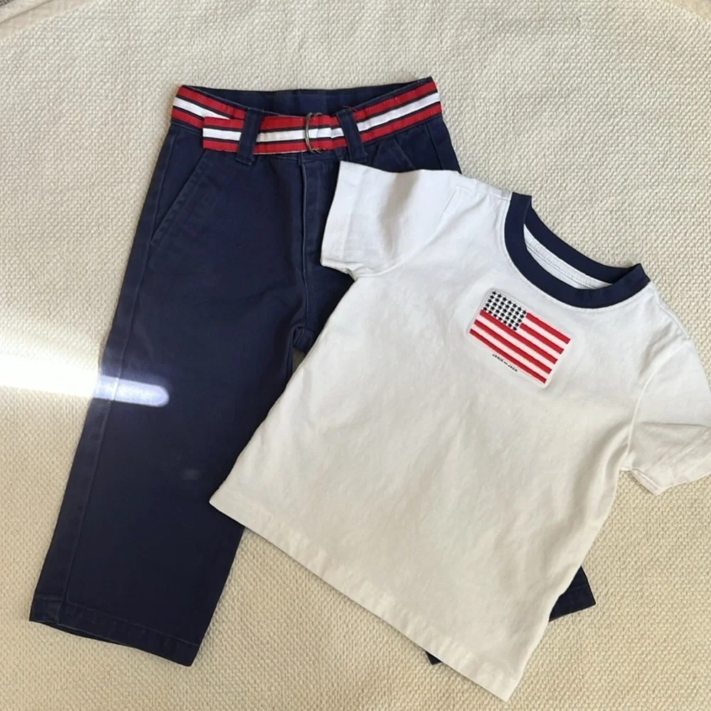 Janie & Jack Baby Boy American Flag Tee 🇺🇸 & Belted Twill Pant Outfit Set